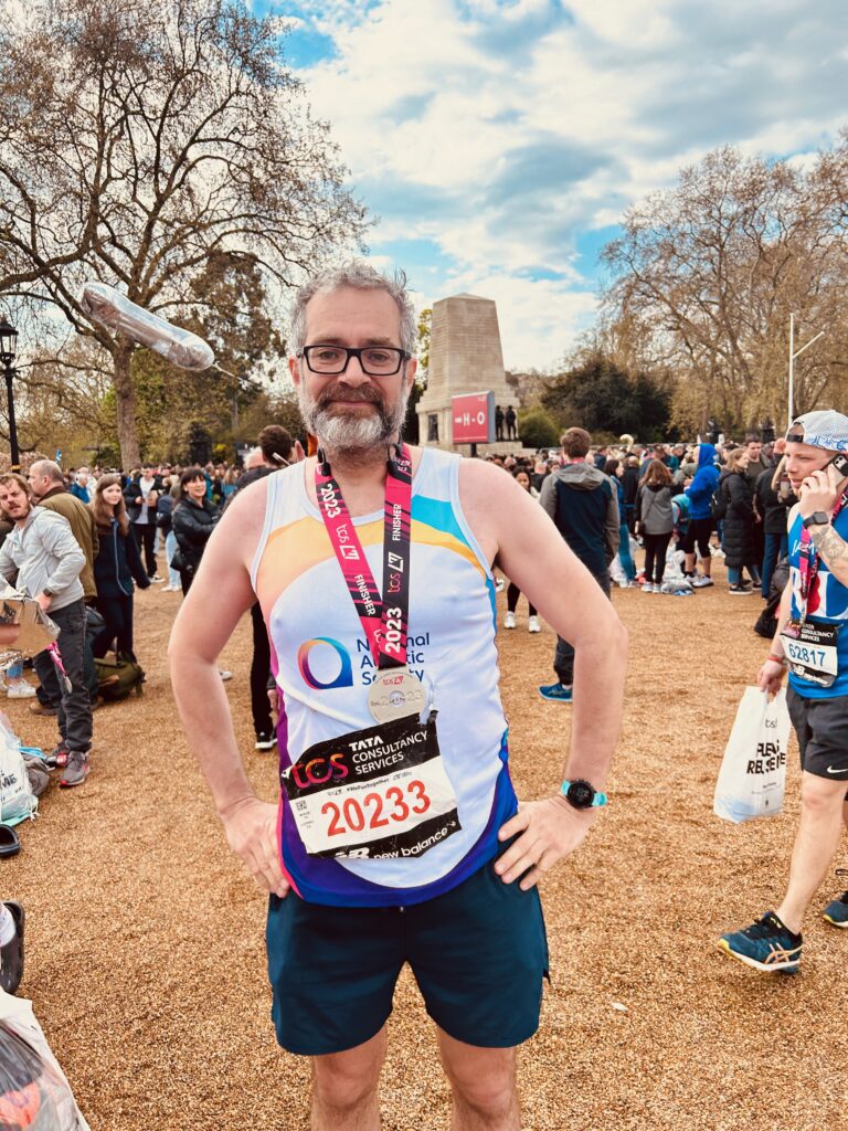 Photo of Lindsay Stirton shortly after completing the London Marathon in 2023. 